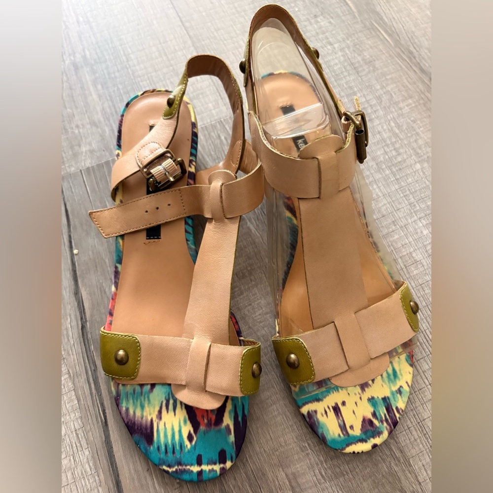 kensie sling back open toe wedges sandals strappy geometric design leather